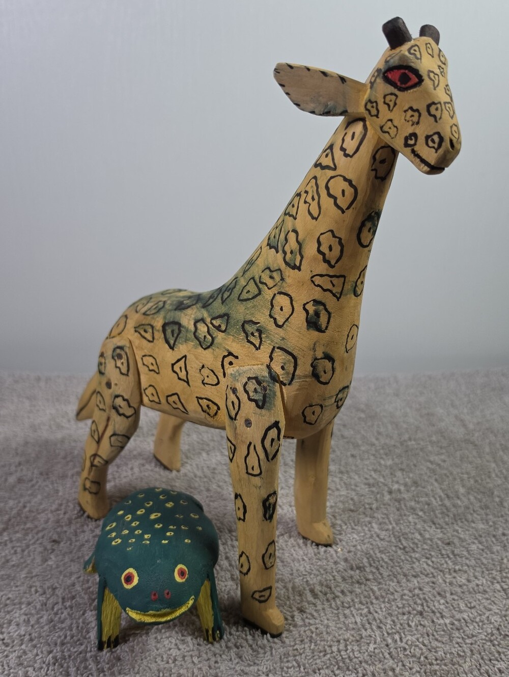 Hand-Carved Wooden Giraffe with Frog Accent - Yellow and Green
